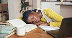 Online course, laptop and woman with sleeping in home for study fatigue, thesis burnout or tired. Student, black person or exhausted by books with rest, distance education or overworked from workload