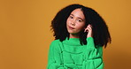 Hair care, aesthetic and face with woman in studio for beauty, growth and texture on background. African person, afro and natural hairstyle with salon treatment, space and portrait with hairdresser