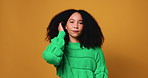 Hair care, beauty and face with woman in studio for aesthetic, growth and texture on background. African person, afro and natural hairstyle with salon treatment, volume and portrait with hairdresser