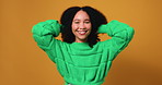 Hair care, shake and face with woman in studio for beauty, growth and texture on background. African person, afro and natural hairstyle with salon treatment, volume and smile for hairdresser results