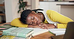 Elearning, books and woman with sleeping in home for study fatigue, biology assignment and tired. Student, black person or exhausted by laptop with rest, online education and overworked from thesis