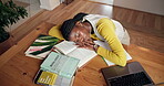 Elearning, books and girl with sleeping in home for study burnout, biology assignment and resting. Student, black woman and exhausted by laptop with nap, online education and overworked from above