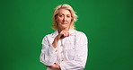 Face, teacher and senior woman in studio, confidence and education specialist on green background. Portrait, mockup space and elderly person with career ambition, pride and employee with teaching job