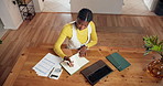 Above, finance and black woman with laptop in home for budget planning, taxes review and insurance. Typing, laptop and person with documents for financial report, online banking and savings account
