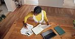 Documents, finance and black woman with laptop in home for budget planning, taxes review and insurance. Above, laptop and person with paperwork for financial report, online banking or savings account