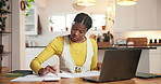 Writing, finance and black woman with laptop in home for budget planning, taxes review and insurance. Payment, house and person with documents for financial report, online banking and savings account