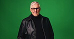 Face, mature man and glasses in studio background for lens check, eye care and clear vision. Portrait, male person and correct prescription, frame style and testing comfort for eyesight improvement