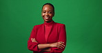 Happy, black woman and face with confidence in studio for business fashion on a green background. Portrait, female person or African model with smile or arms crossed for corporate style on space
