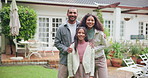 New home, family and parents with girl with face, smile and property for mortgage or real estate. Dream house, mother and father with child in neighborhood, bonding together and hug for relocation