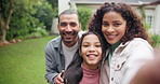 New home, family and parents with face, selfie and smile for property and real estate or social media. Dream house, mother and father with child for profile picture, bonding and hug for relocation