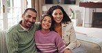Face, house and family on couch, girl and bonding together with happiness, break and relax in lounge. Portrait, apartment and parents on sofa, daughter and mother with father, support and love