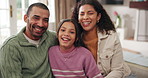 Face, home and family on sofa, girl and bonding together with happiness, love and relax in lounge. Portrait, apartment and parents on couch, daughter and mother with father, support and weekend break