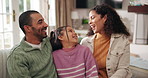 People, family and laugh on sofa for hug, excited and bonding in home living room. Father, girl and woman on couch for love, trust and funny joke for embrace with support and relax together in house