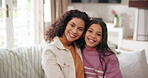 Love, mother and child with face on sofa for bonding together, connection and weekend break. Family, woman and happy girl in living room with support, security or protection for relationship in house