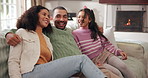 Dad, phone and family on sofa for hug, excited and bonding in home living room. Father, girl and woman on couch for love, trust and appreciation for embrace with support and relax together in house