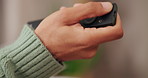 Home, hand and woman with remote control, watching tv and subscription with channel surfing. Closeup, apartment and person with movie, streaming service and film with series, click and entertainment
