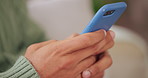 Hands, house and woman with smartphone, typing and website info with communication. Closeup, texting and person with cellphone, internet and app with connection, online chatting or message to contact