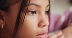 Home, thinking and girl with ideas, decision and peace for choice and break or planning in lounge. Child, daydream and closeup with vision, memory and relax or remember for weekend reflection