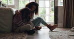 Console, crying or support with mother and daughter on floor in bedroom of home for empathy. Comfort, emotions or love with girl child and single parent woman hugging in apartment for bonding