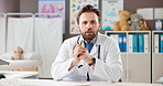 Video call, doctor and face of man consulting for online diagnosis, prescription and telehealth. Healthcare, clinic and person in virtual meeting for patient care, medical service and writing notes