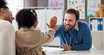 Mother, child or doctor with high five in consultation for health progress, test results or thumbs up. Healthcare, people and happy pediatrician in clinic for good news, positive feedback and success