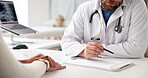 Hands, woman and doctor in discussion with clipboard for medical history, treatment plan and survey. Health, patient and professional with paperwork in clinic for surgery consent form or consultation