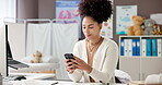 Phone, doctor and woman typing online for consultation, app advice or expertise. Pediatrician, communication and person with technology for telehealth, medical research and healthcare in clinic