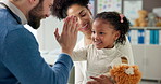 Mother, kid or doctor with high five in clinic for medical results, applause or consultation success. Healthcare, child patient and pediatrician in office for good news, health support or celebration