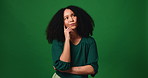 Woman, thinking and idea with contemplation in studio for problem solving on a green background. Thoughtful, female person or model in wonder with options for decision, choice or plan on mockup space