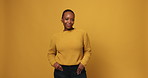 Happy, black woman and face with fashion for style or clothing design on a studio background. Portrait, female person or African model with smile, yellow jersey or stylish outfit on mockup space