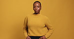 Yellow background, fashion and face of black woman in studio for trendy style, aesthetic and pride. Mockup space, confidence and portrait of person with outfit, casual clothes and serious attitude