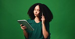Tablet, graphic designer and thinking with woman in studio for stylus, reflection and logo developer. Creative media, research and idea with person on green background for online artist and space