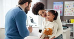 Mother, child and doctor with clipboard in hospital for writing symptoms, assessment or consultation. Health, people and pediatrician with paperwork for treatment plan, medical prescription and help
