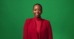 Green screen, reporter and face of black woman in studio for journalism, news report and media. Happy, mockup space and portrait of person on chromakey for channel, broadcasting and weather forecast