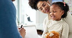 Mother, kid and doctor with clipboard in hospital for writing symptoms, assessment or consultation. Healthcare, people and pediatrician with paperwork for treatment plan, medical prescription or help