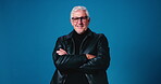 Face, man and arms crossed with glasses in studio background for lens choice, eye care and vision. Portrait, mature person and confident of correct prescription, frame style and eyesight improvement
