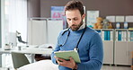 Man, doctor and reading on tablet in hospital for research, medical results and Telehealth. Male person, scroll and digital for surgery schedule, patient record and information for treatment feedback