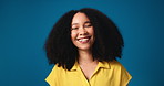 Laugh, woman and face of teacher in studio with confidence for education career with growth. Happy, professional and portrait of female educator from Colombia with job development by blue background.