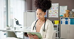 Woman, doctor and reading on tablet in office for research, medical results and Telehealth. Female person, thinking and digital for schedule ideas, patient records and information for treatment plan