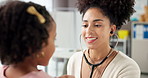 Woman, listen and child with pediatrician for breathe of patient for clinic exam, checkup or treatment. Heartbeat, test and doctor consulting in healthcare office with kid, stethoscope or assessment
