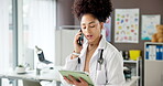 Doctor, woman and phone call in office for communication, report and chat for diagnosis. Pediatrician, healthcare professional and person with tablet for telehealth, discussion and online consulting