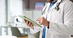 Hands, doctor and tablet for typing with communication, medical advice and Telehealth app at clinic. Technology, man or healthcare worker online for connection, website and search in hospital