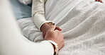 Parent, sick child or holding hands in hospital bed for support, love or medical health with family. Visit, closeup and kid patient in clinic for kindness, healthcare or empathy in rehabilitation