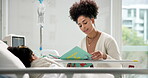 Mother, reading and book to child in hospital bed for storytelling, post surgery and recovery. Woman, story and literature with kid healing from medical operation, family support and bonding together