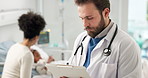 Clipboard, hospital and doctor with child in bed for diagnosis, patient info and medical report. Healthcare, pediatrician and person writing notes for insurance form, surgery results and consulting