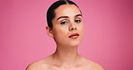 Face, skincare and woman in studio, shine and wellness with confidence on pink background. Portrait, space and person with beauty, healthy skin and dermatology with cosmetics, glow and aesthetic