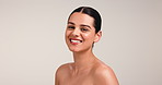 Face, happy and woman for skincare in studio with smooth textures, facial treatment and clear skin. Portrait, female person and beauty with natural shine, dermatology benefits and white background