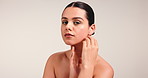 Skincare, face and beauty of woman in studio for dermatology, glow and shine with soft touch. Self care, white background and female person with wellness, natural cosmetics and facial by space