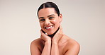 Happy woman, face and skin care in studio for dermatology, glow and shine with soft touch. Cosmetology, white background and female person with wellness, natural cosmetics and smile by space