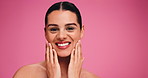 Face, skincare and series in studio for beauty with eye patches, serum or tongue out. Portrait, oil application or happy model with cosmetics for anti aging, funny sequence or wink on pink background